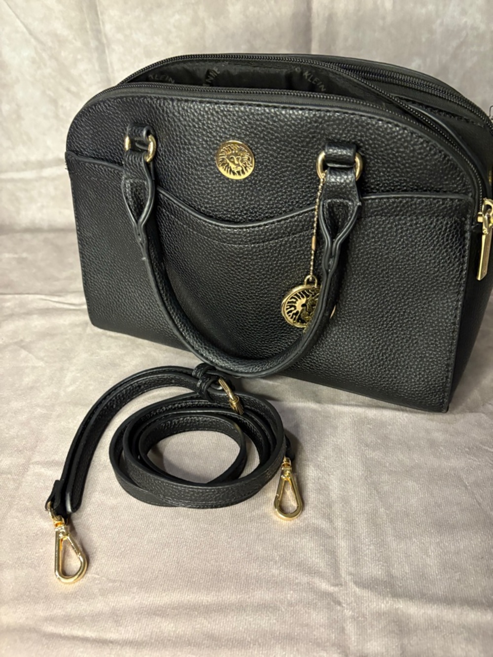 Anne Klein Black Pebbled Satchel Crossbody Bag Gold Hardware